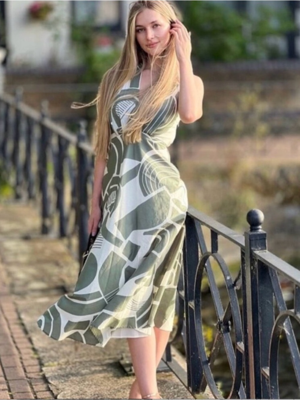 Zara Olive Green and Cream Halter Maxi Dress
